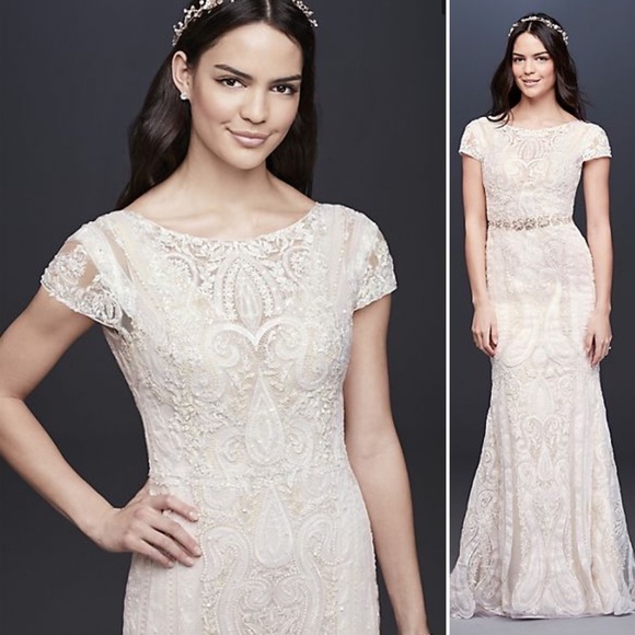 Melissa Sweet 8 Lace Embroidered Ivory Illusion Sequin Train Wedding Gown Dress - Picture 2 of 15